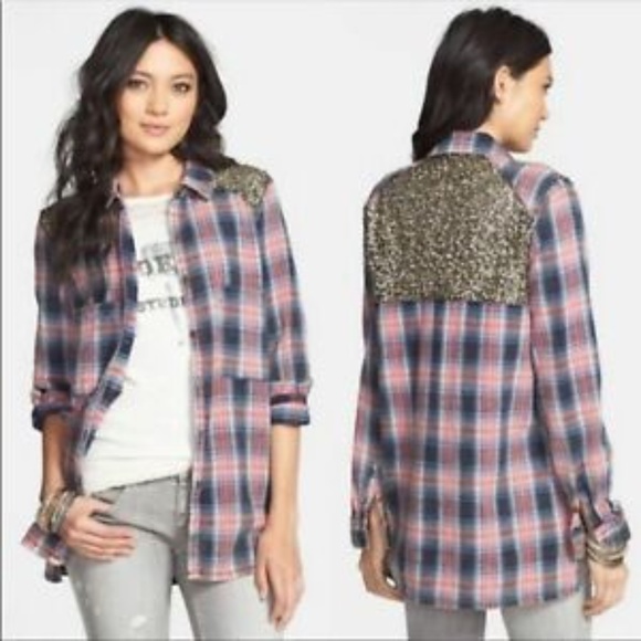 Free People Tops - Free People Plaid Sequin Button Down XS